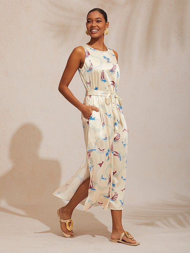Vacation Ocean Elements Straight Satin Maxi Dress