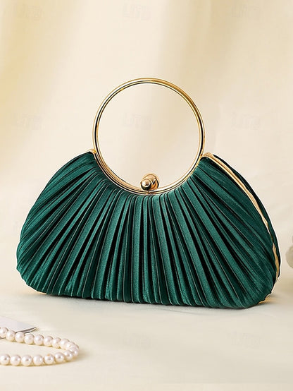 Gold Clutch Velvet Handle with Pleated - Elegant Ring Green