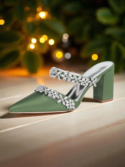 Black Satin Women's Rhinestone Mules Floral with Block Heel