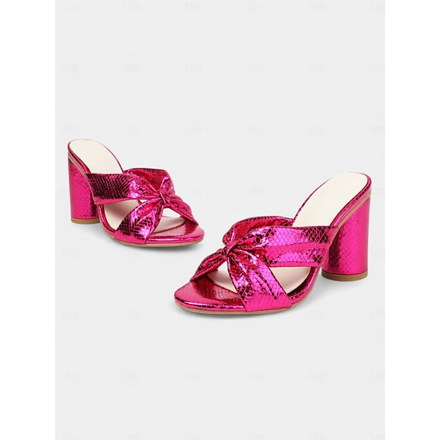 Women's – Bow Pink Mules Metallic with Design Bridal