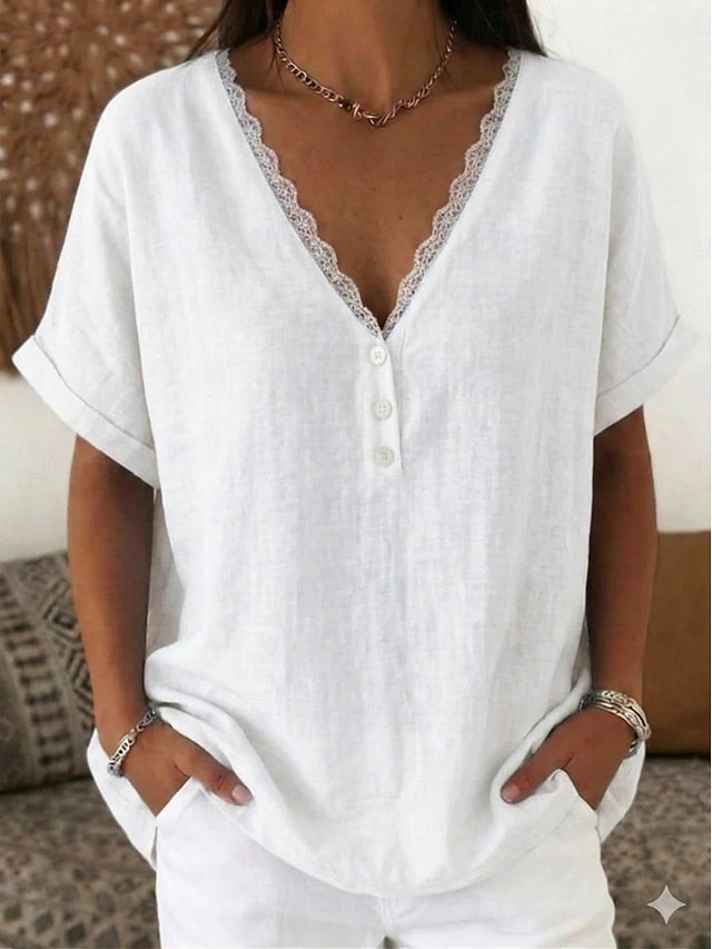Women's Blouse Faux Linen Shirt Lace Patchwork Buttons