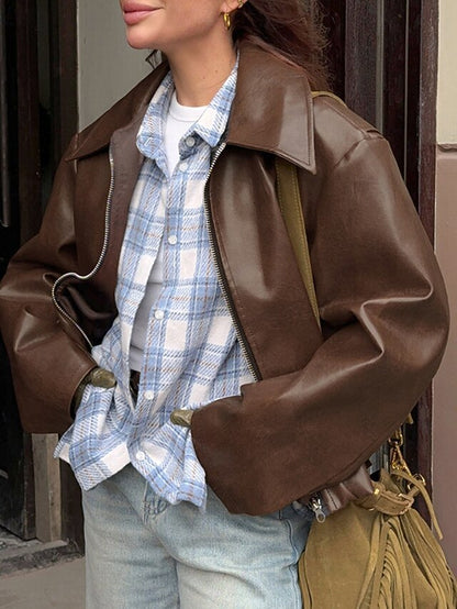 Zipper Women's Pocket Leather Jacket Comfortable Warm Faux