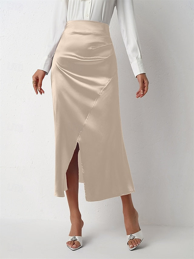 Women's Satin Skirts Elegant Vintage Fashion Casual Midi