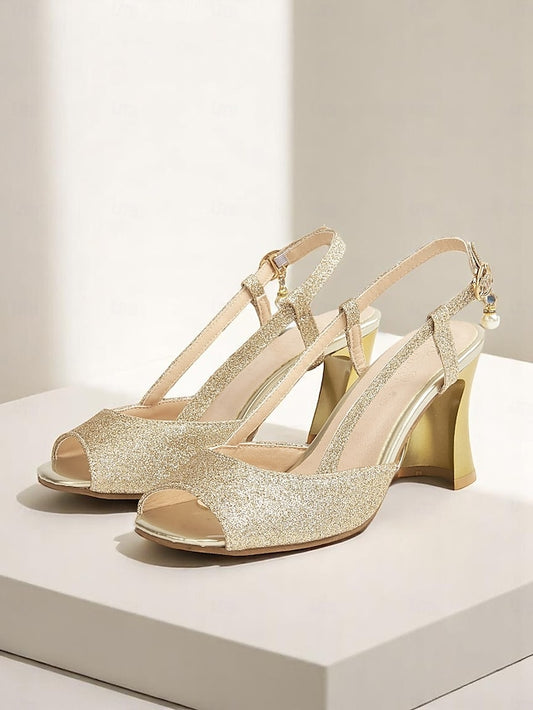 Sparkly Glitter Slingback Heels - Gold Women's Open-Toe