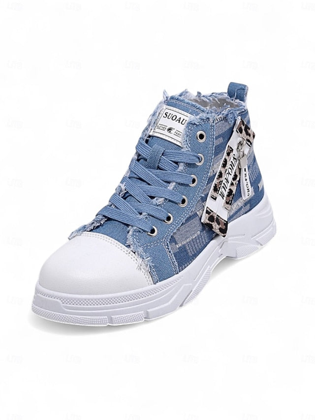 Women's Denim High Top Platform Sneakers with Leopard