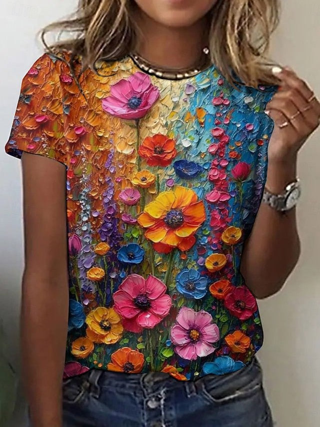Women's T Shirt Print Floral Color Block Casual Short