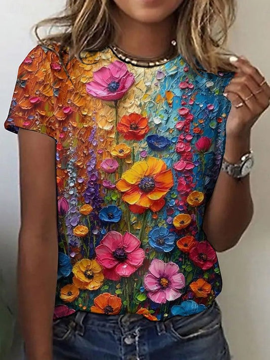 Women's T Shirt Print Floral Color Block Casual Short
