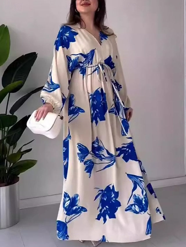 Women's Floral V Neck Maxi Dress Long Sleeve Summer Spring