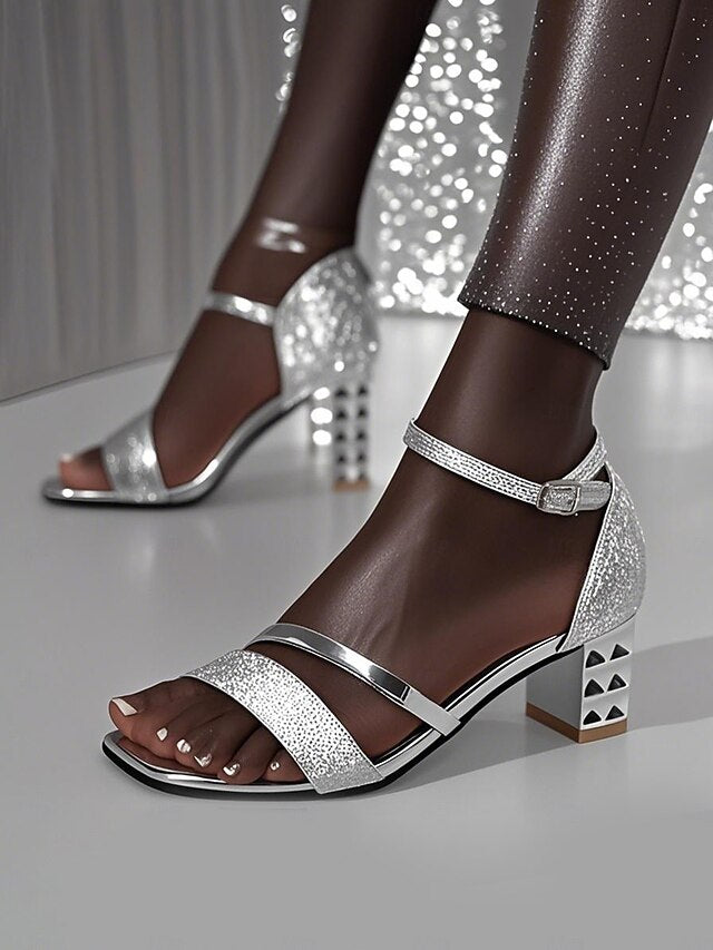 Sandals Glitter Strap – Block Women's Silver Ankle Heel