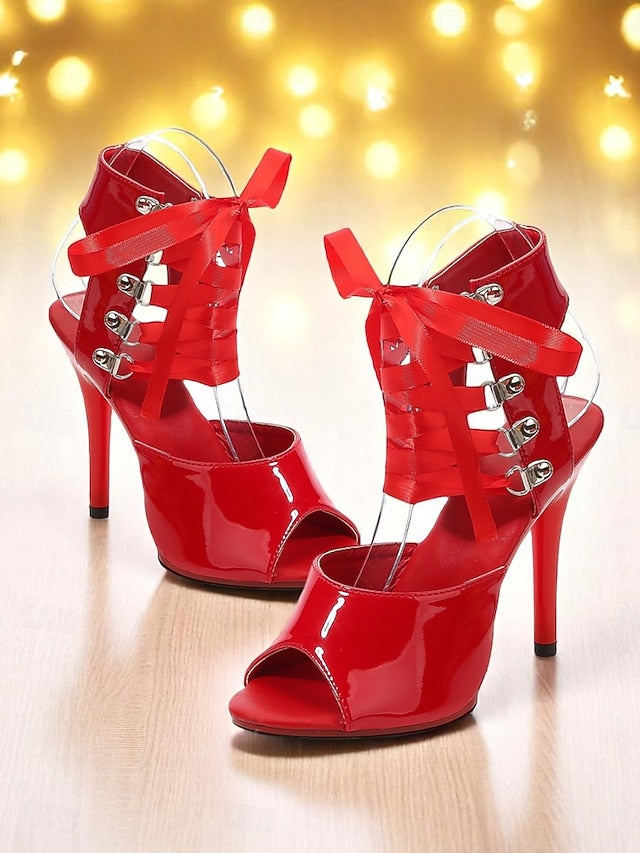 Women's Sexy - Patent Stiletto Lace-Up Sandals Cutout Black