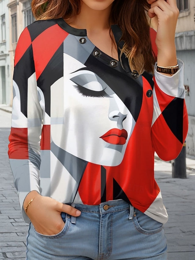 Women's T Shirt Buttons Print Abstract Casual Long Sleeve V