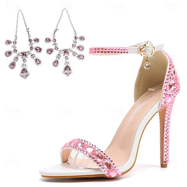 Ankle Heels Stiletto Matching Women's with Rhinestone Green