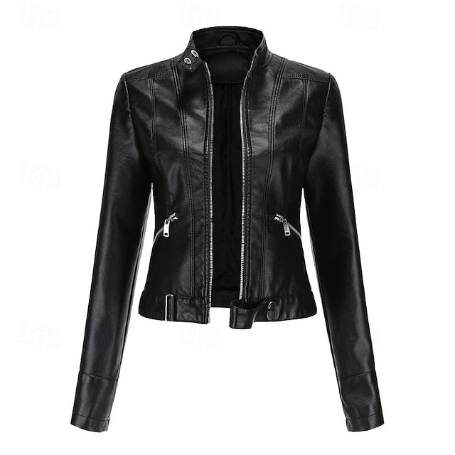 Faux Zipper Jacket Pocket Leather Women's Comfortable