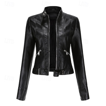 Faux Zipper Jacket Pocket Leather Women's Comfortable
