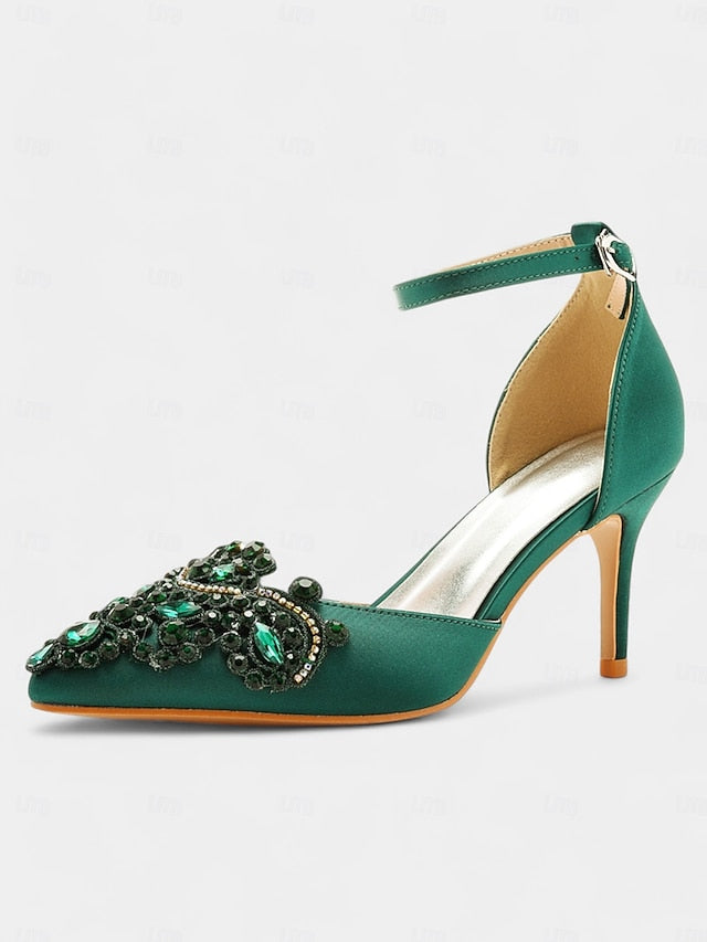 – Heels Green Pointed Satin Women's Ankle Emerald Strap