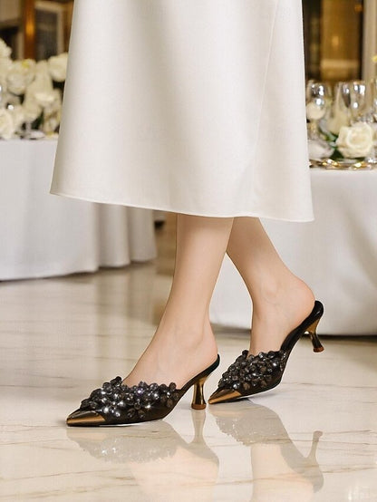 – Mules Women's Embellished Black Rhinestone Pointed-Toe