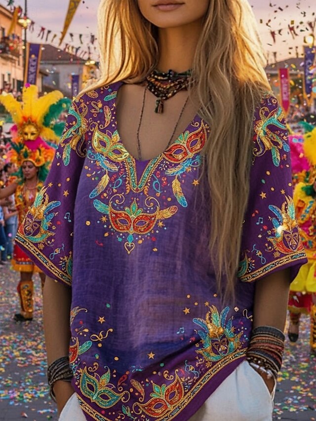 Mardi Gras Women's Boho T-shirt T Shirt Tee Top Print
