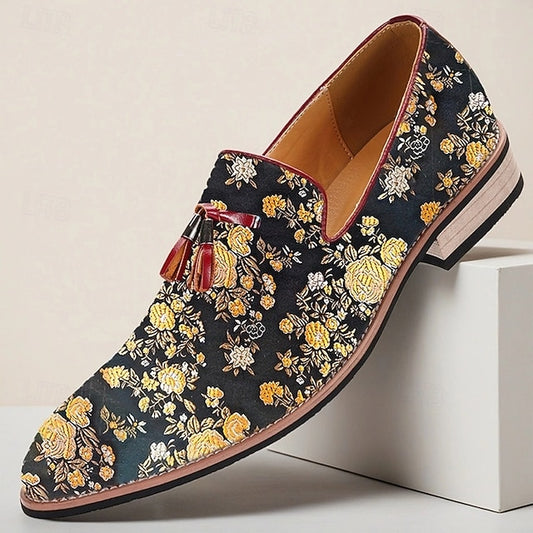 Floral Loafers for Men's with Tassels Jacquard Pattern