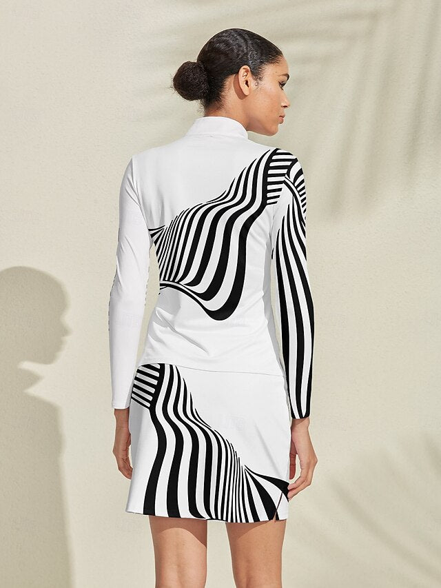 Women's Golf Polo Shirt Black with White Long Sleeve Top