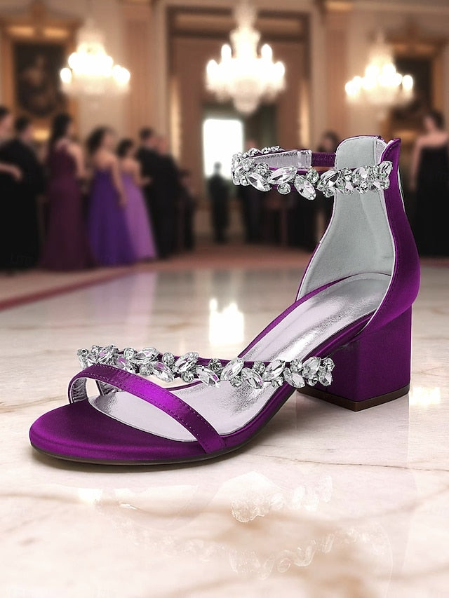 Satin Heel Block Sandals - Purple Women's Crystal