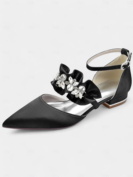 with Rhinestone Flats Women's Satin Black Pointed-Toe