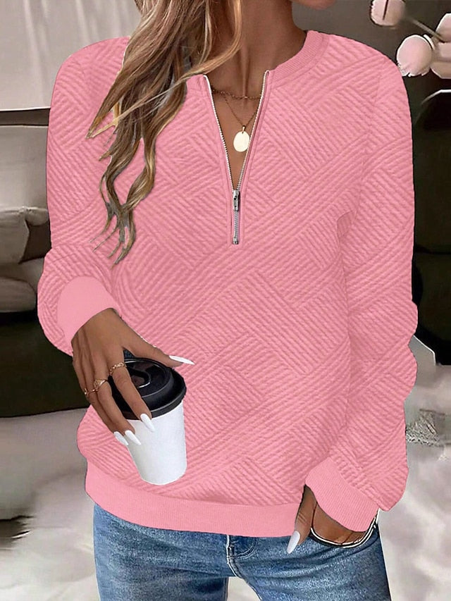 Women's Texture Sweatshirt Quarter Zip Sweater Casual Plain