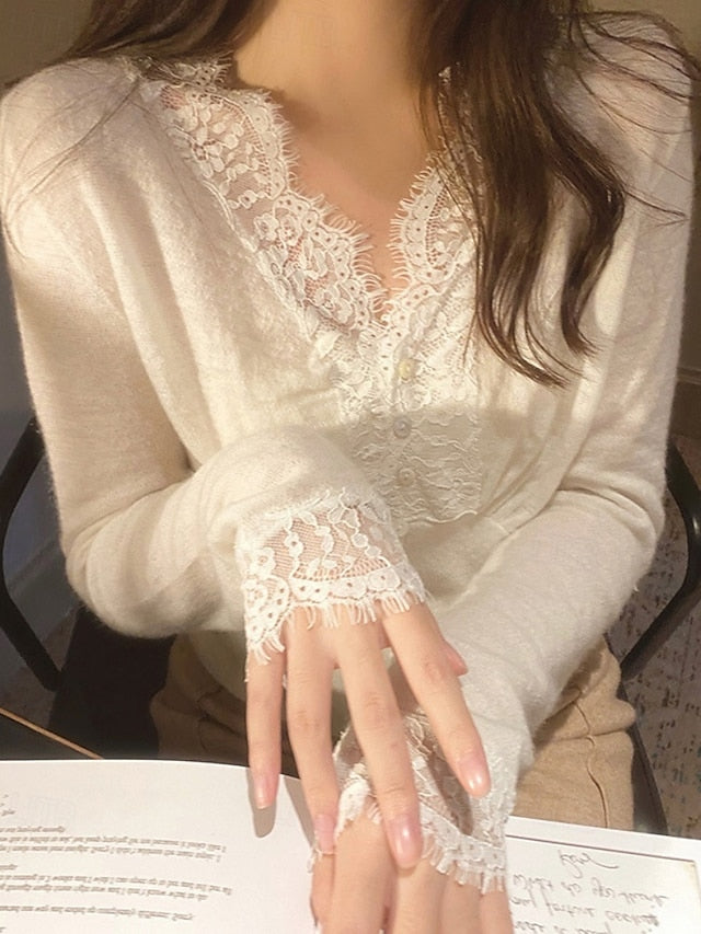 Women's Blouse Lace Tops Lace Patchwork Solid Color Stylish