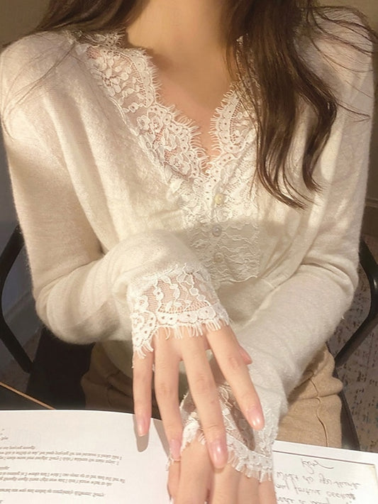 Women's Blouse Lace Tops Lace Patchwork Solid Color Stylish