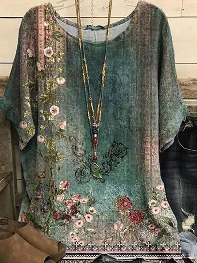 Women's Shirt T Shirt Tee Top Print Flowers Elegant Fashion