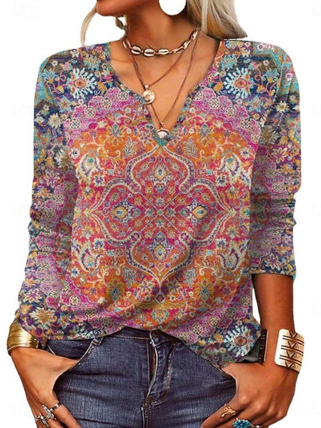 Women's Blouse Print Floral Ethnic Retro Vintage Long