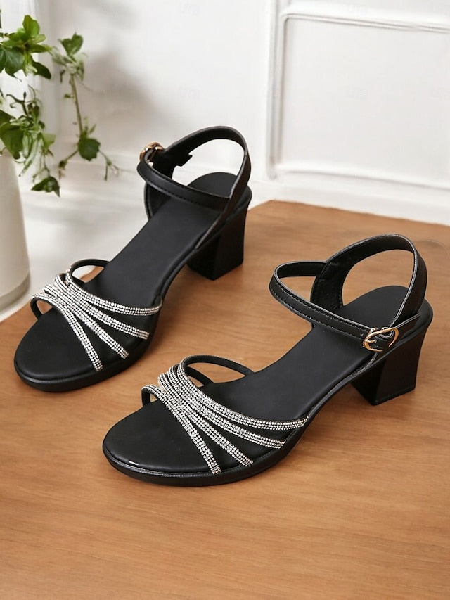 Black Heel with Comfortable Rhinestones Strappy Sandals Block -