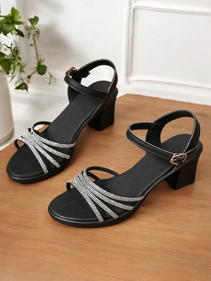 Black Heel with Comfortable Rhinestones Strappy Sandals Block -