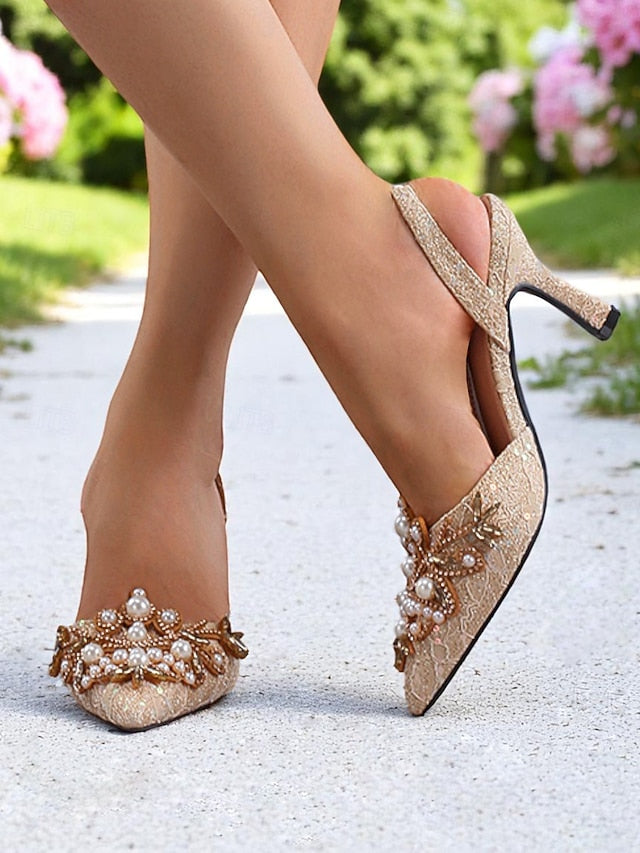 - Slingback Detailing Satin Pearl Women's Heels with Black