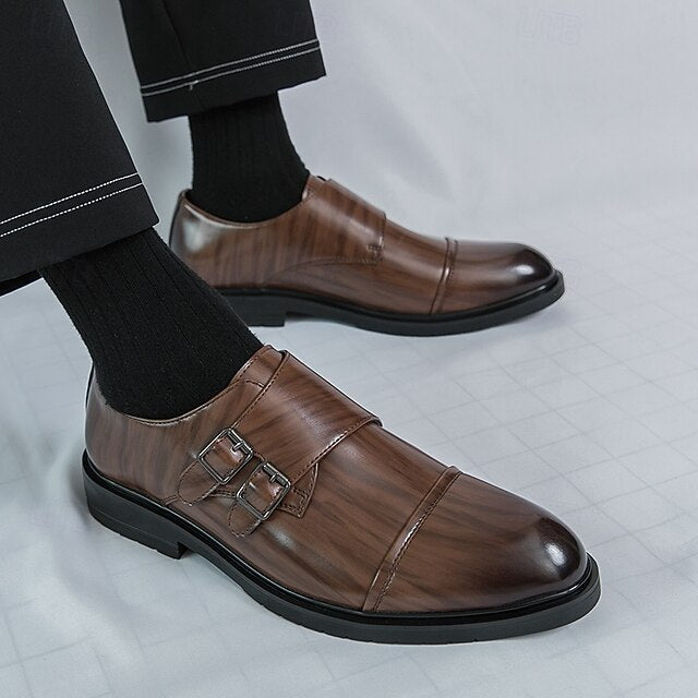 Strap Leather Shoes Double Men's Monk Brown Faux