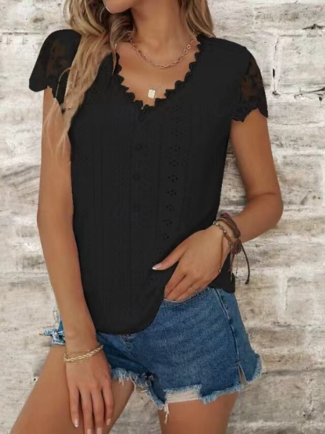 Women's Blouse Lace Eyelet Buttons Solid Color Stylish