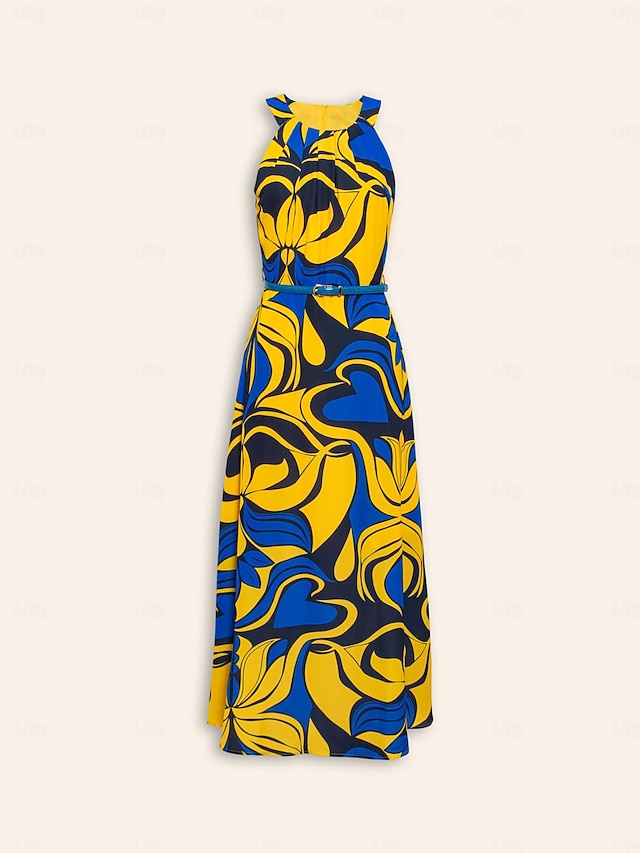 Satin Leaves Sleeveless Maxi Dress (No Belt)