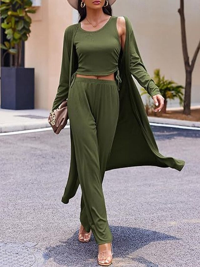 Women's Pants Sets Long Sleeve Round Neck Solid Color