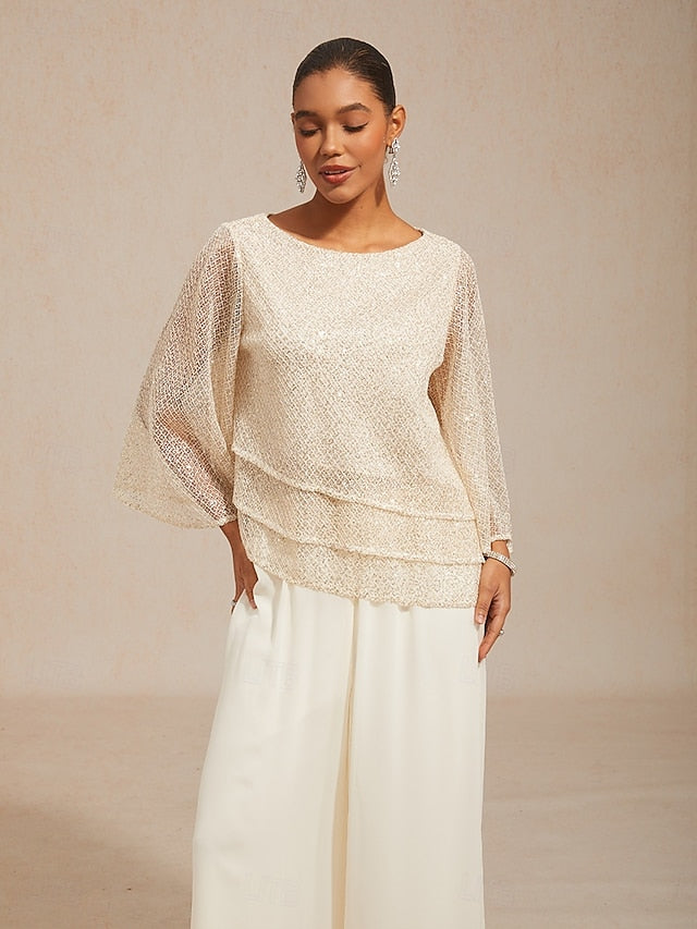 Women's Blouse Lace Tops Sequins Illusion Solid Color