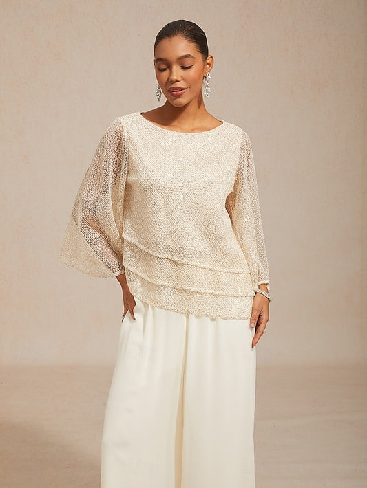 Women's Blouse Lace Tops Sequins Illusion Solid Color