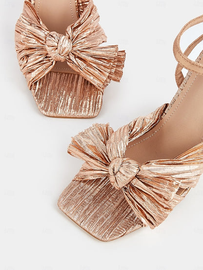 Rose Textured Detail with Heel Sandals and Knot Gold Block