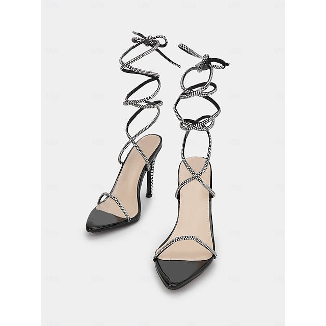 Rhinestone Lace-Up Sandals – Women's Sexy Black Stiletto