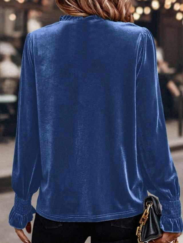 Women's Velvet Elegant Dressy Blouse Ruched Plain Vintage