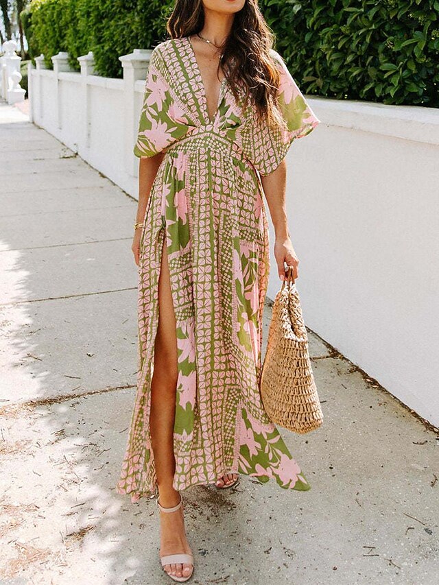 Women's Casual Dress Floral Split Print V Neck Long Dress