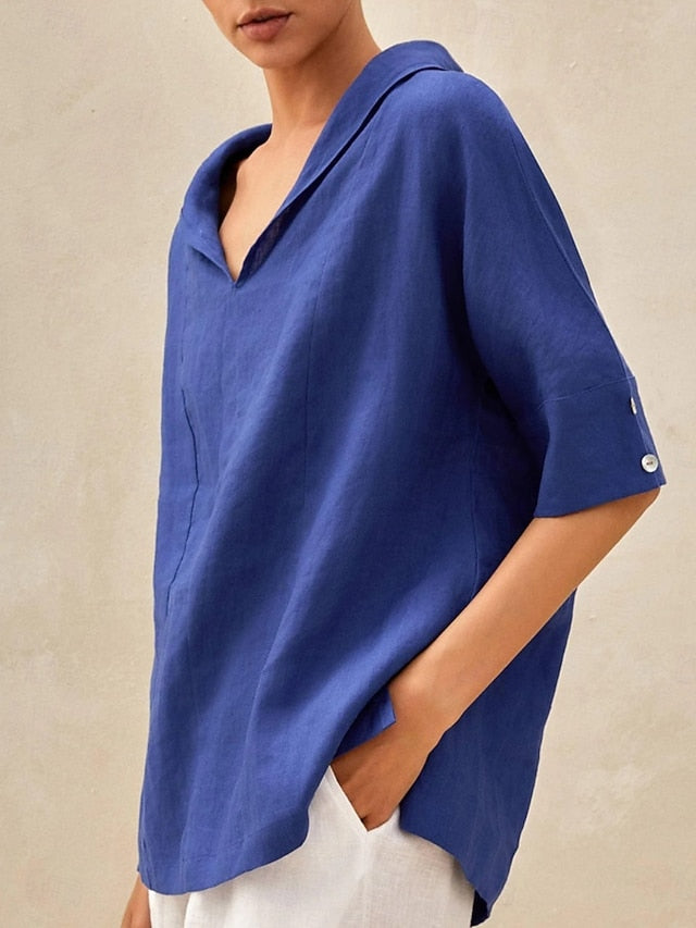 Women's Shirt Blouse Faux Cotton Linen Buttons Solid Color