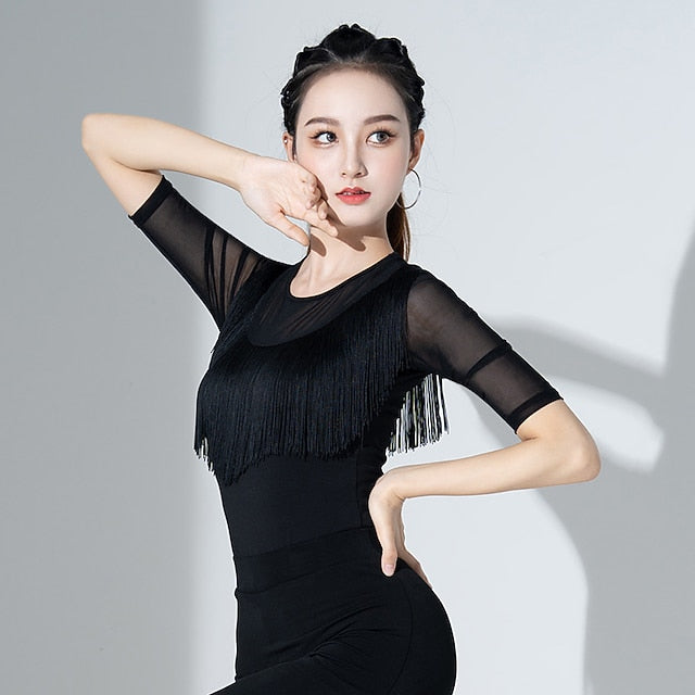 Latin Dance Ballroom Dance Activewear Top Fringed Tassel Ruching