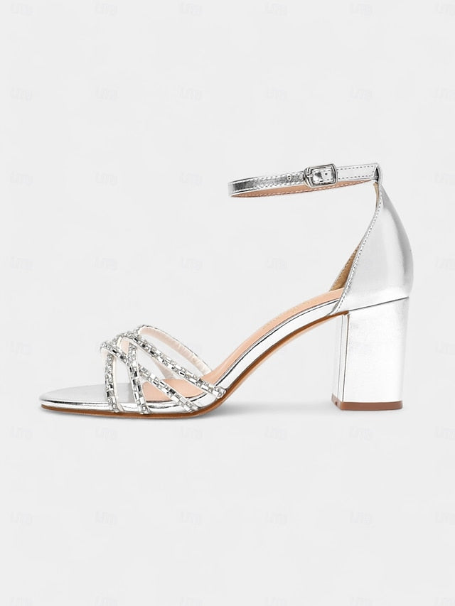 Rhinestone Silver Metallic Block Heel Sandals with Strappy