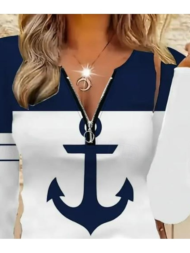 Women's T Shirt Quarter Zip Long Sleeve Casual Floral V