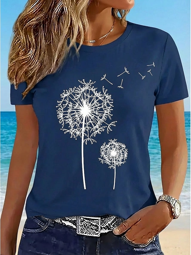 Women's Casual T-Shirt Dandelion Print Crew Neck White