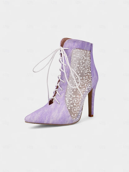 Women's Ankle White Booties Lace with Mesh Stiletto Heels