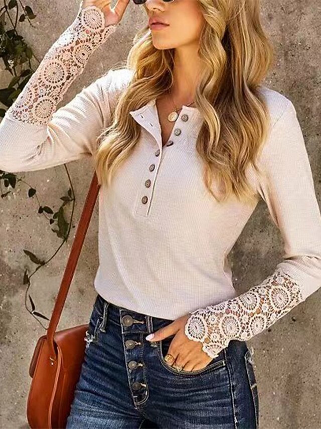 Women's Shirt Blouse Lace Tops Lace Buttons Plain Stylish